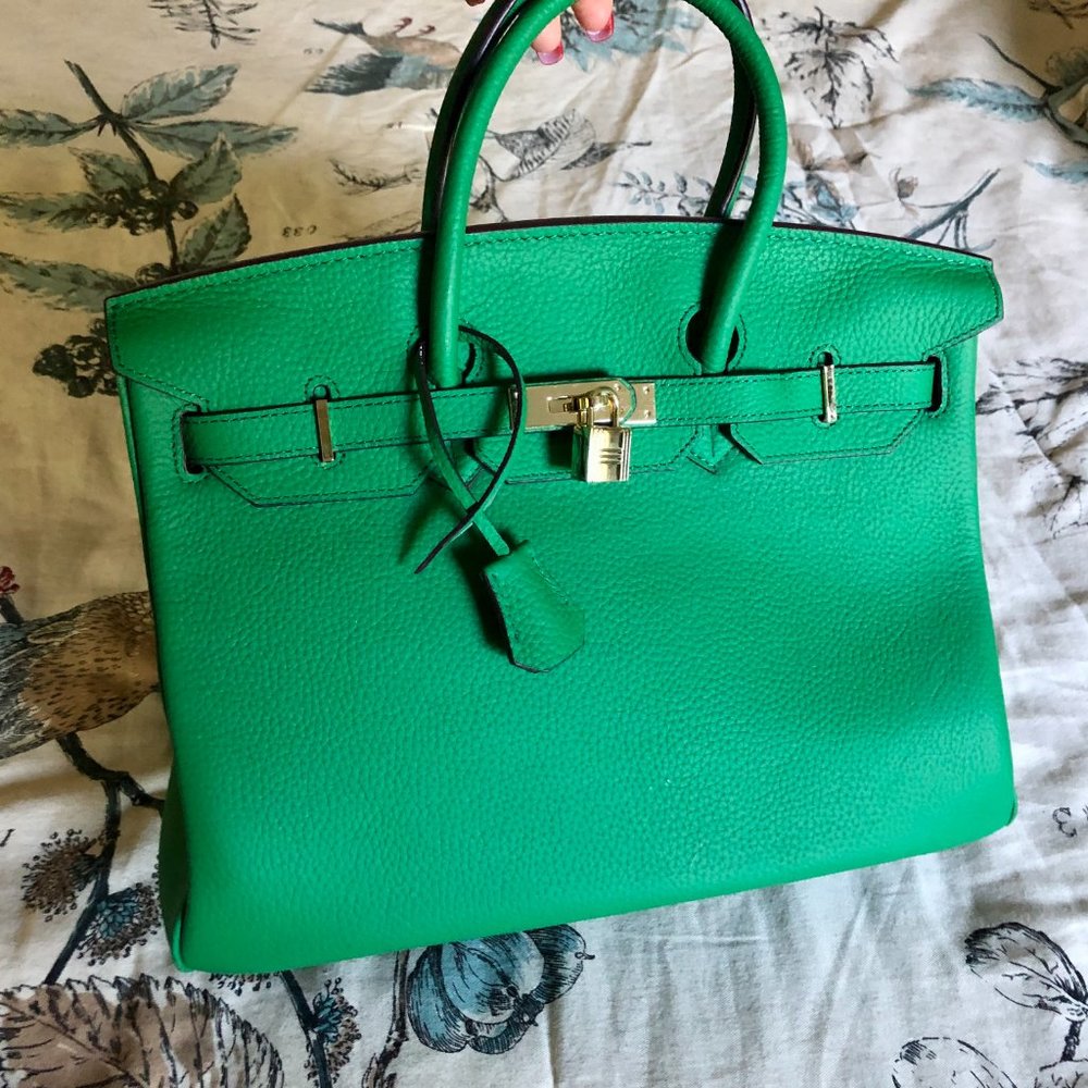 Emerald green genuine leather Birkin-style handbag